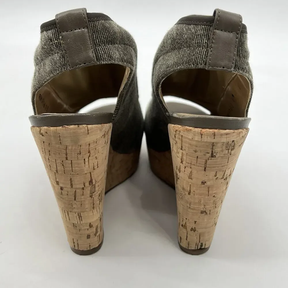 Stuart Weitzman Glove Tan Stretch Wedge Slingback Sandal Size 8M Cork Peep Toe - Picture 9 of 12